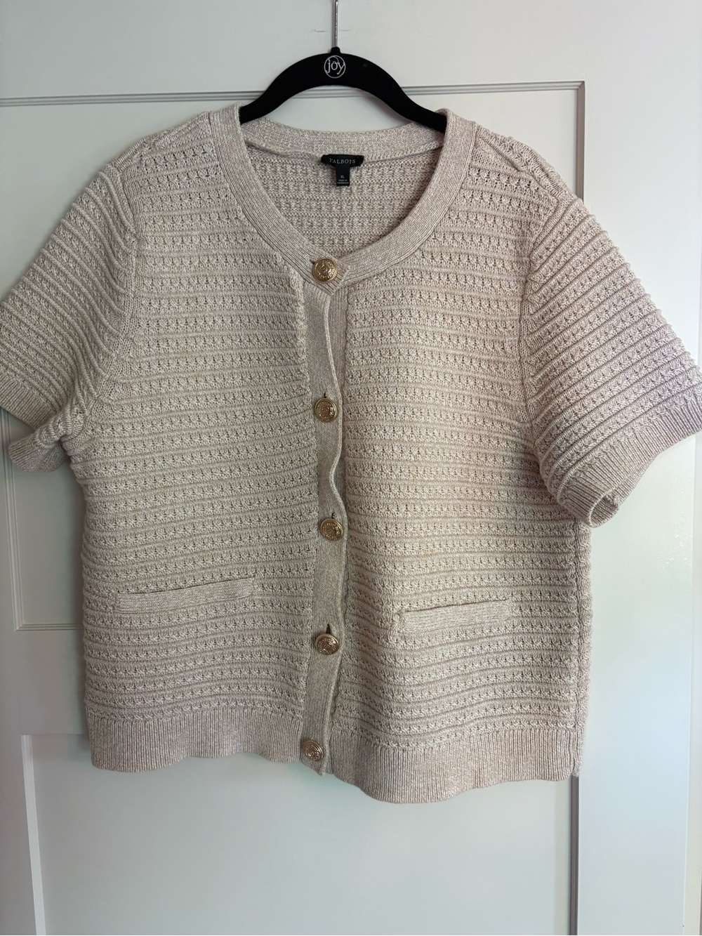 Talbots Beige and White Marl Short-Sleeve Cardigan Sweater W/ Gold Button XL